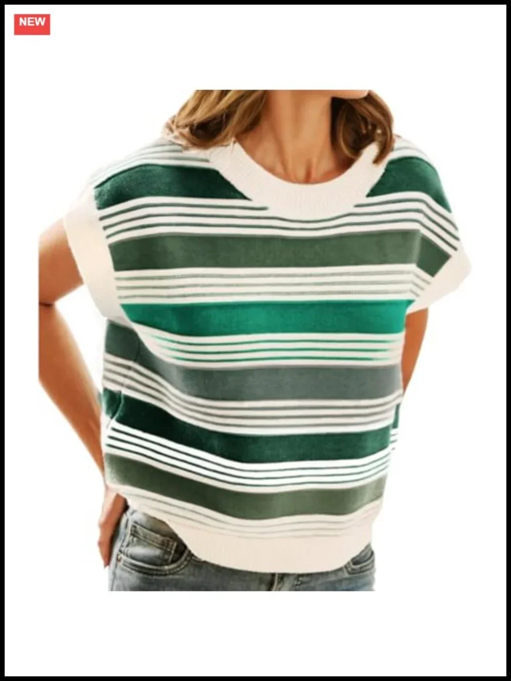 Women's Knit Sweater Vest Crew Neck Cap Sleeve Striped Casual Loose